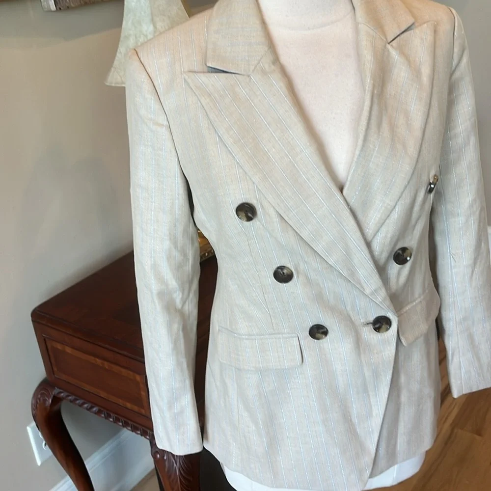 Banana Republic Blazer New Beige with Thin Silvery Blue White Stripe - Picture 3 of 16